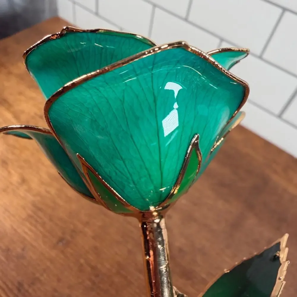 DeFaith 24k Gold Dipped Lacquered Green Rose with Acrylic Stand